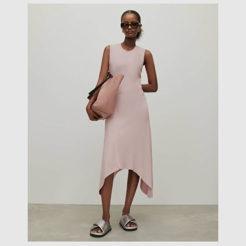 All Saints Gia Asymmetrical Ribbed Sleeveless Midi-Dress In Pale Orchid Pink